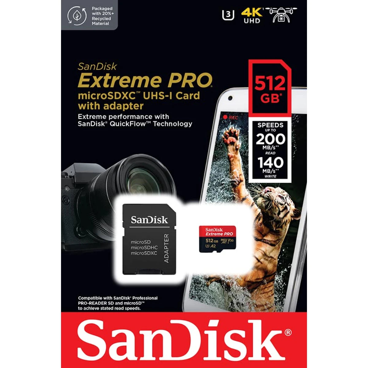 SanDisk Extreme Pro 512GB microSDXC UHS-I V30 Memory Card, 200MB/s Read, 140MB/s Write for 4K Video on Smartphones, Action Cams &amp; Drones