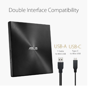 جهاز قراءة وكاتب أقراص DVD خارجي ASUS ZenDrive U9M Ultraslim لنظام التشغيل Windows وMac (يتضمن كابلات USB 2.0 وType-C)