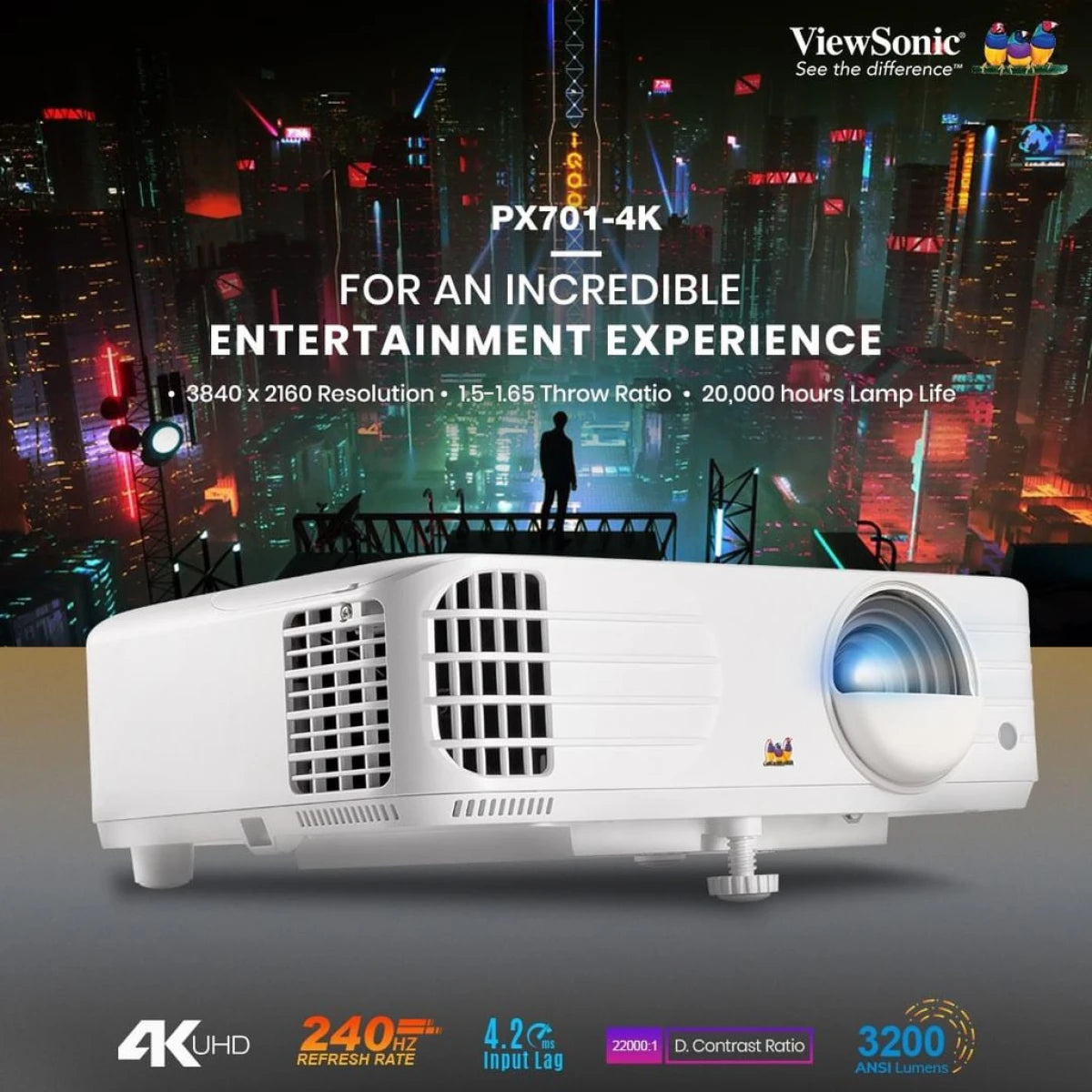 ViewSonic PX701-4K 4K UHD Projector 3200 Lumens 240Hz 4.2ms with HDR Auto Keystone Dual HDMI up to 300" Screen