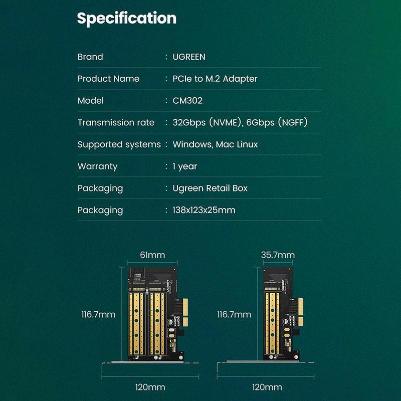 UGREEN PCIE CARDS Ugreen CM302 M.2 NVMe to PCI-E3.0 Express Card with M.2 Sata